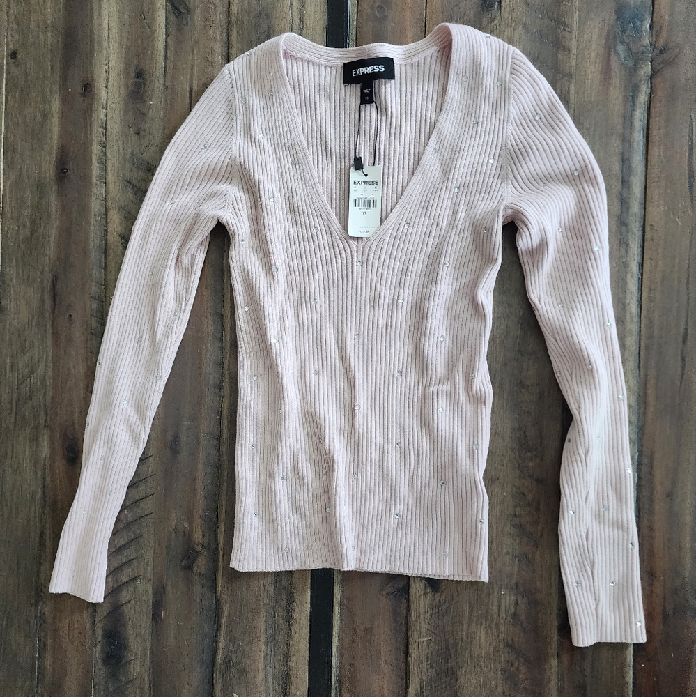Express baby pink rhinestone v neck sweater